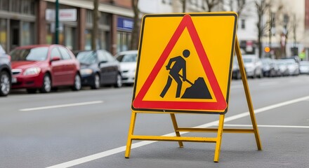 Construction Warning Sign Indicating Road Work with Worker and Excavation Depiction