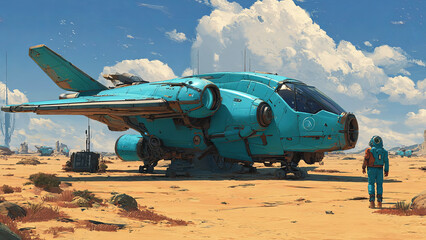 Futuristic turquoise spacecraft parked on a desert landscape with a lone astronaut in a space suit observing the vehicle under a bright blue sky with fluffy clouds