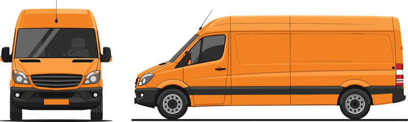 Orange cargo delivery van front side views, commercial transport vehicle design, logistics service flat vector illustration