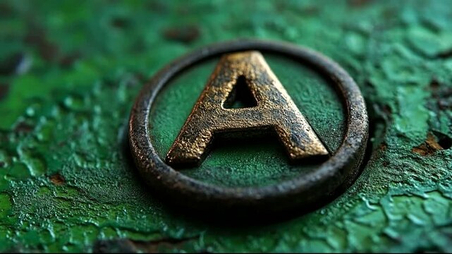 Close-up of a rusty metal letter A on green surface