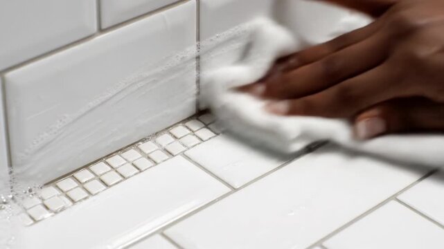 Hand cleaning tile grout bathroom white tile closeup hand home hygiene cloth scrub foam soap detergent deep clean sparkling wash sanitation housework domestic chore wet surface tidy neat sink faucet