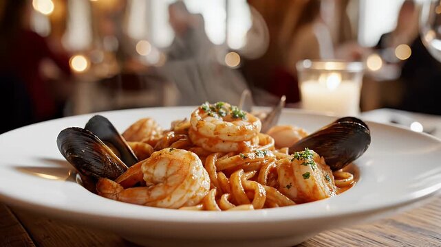 Steaming Seafood Pasta Dish in Restaurant Setting - A close-up of a steaming seafood pasta dish is set elegantly on a restaurant table.
