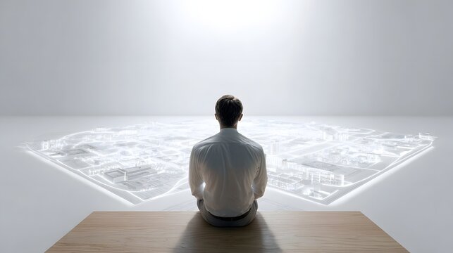 A man in a white shirt sits looking at a glowing futuristic 3D city model contemplating future development in a bright clean environment