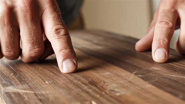 Macro of human fingers touching rough old wooden table surface
