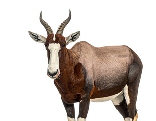 Horned mammal with brown & grey coat, white face stripe, against a plain background
