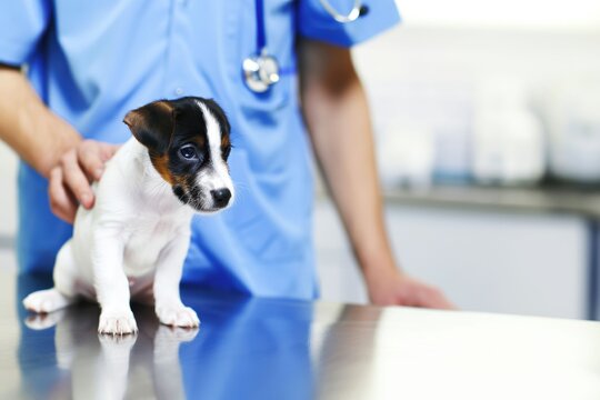 Veterinarian examines puppy in clinic setting during routine checkup for health