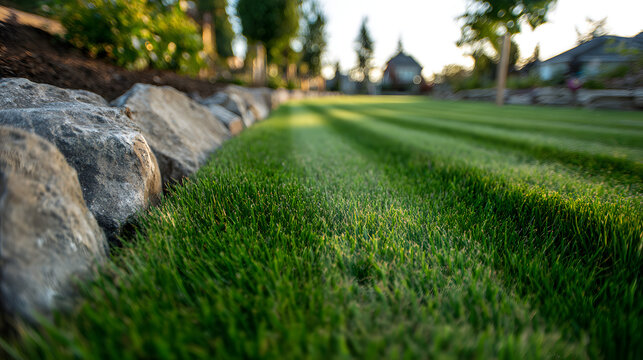 A close-up view of a commercial lawn with healthy green grass and visible parallel mowing lines, free of weeds or debris, bordered by stone edging and clean mulch beds, soft early afternoon light