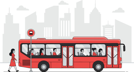 Red city bus illustration with passengers at bus stop urban public transportation flat vector © Yeasin