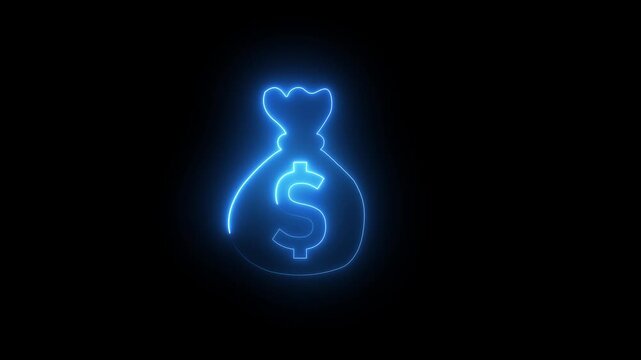 Abstract neon money bag with dollar icon symbol loop isolated motion animation on transparent background.
