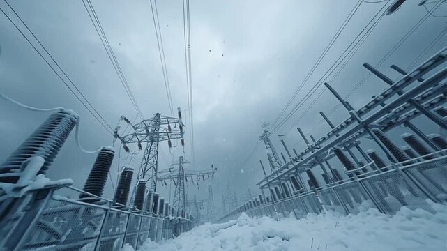 Cinematic 4K video, frozen electrical substation deep winter, dense rows of high voltage insulators coated frost, steel lattice towers partially buried pristine white snow, thick power cables layered