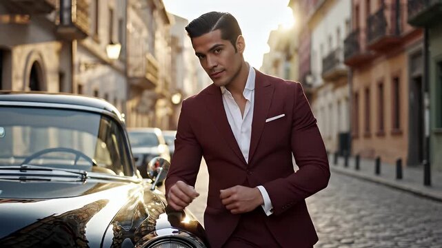 Stylish Man in Burgundy Suit Leaning on Classic Car - A handsome man wearing a burgundy suit and white shirt poses thoughtfully while leaning on the hood of a vintage black car.
