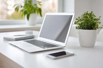 Minimalist modern workspace featuring a laptop, smartphone, notebook, and potted plant on a clean white desk with natural light from a window