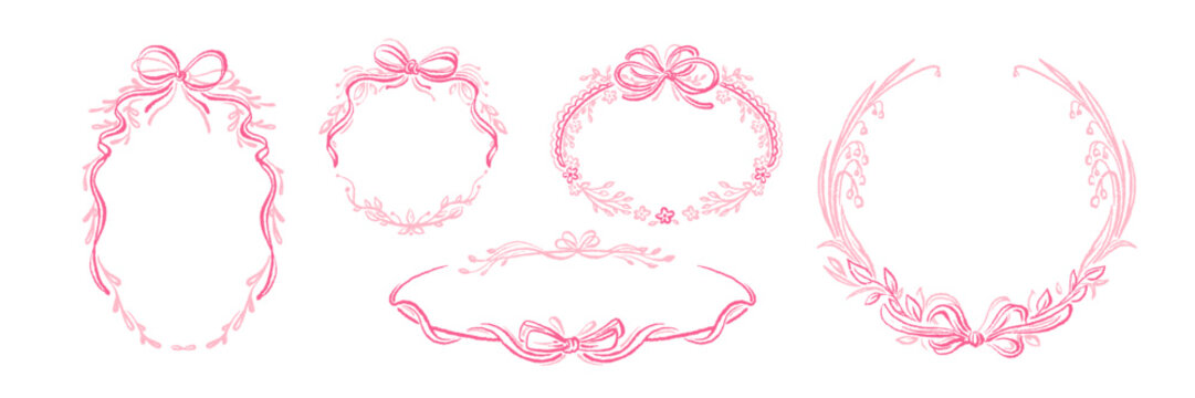 Whimsical flower wreath, ribbon bow. Vintage frame