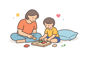 Quiet family afternoon at home centered on shared presence and simple everyday closeness, a parent and child sitting on the floor assembling a basic