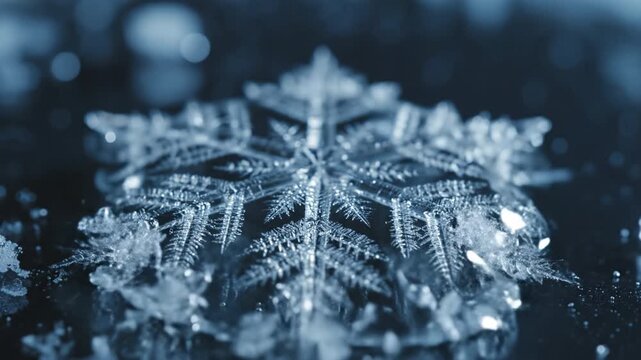 Macro snowflake winter ice frozen crystal cold season delicate pattern natural symmetry frosty detail icy texture geometric shape blue background dark background sparkling closeup nature detail