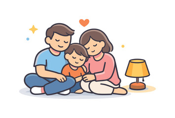 Calm family evening centered on rest and emotional closeness at the end of the day, two adults and a child sitting close together on the floor near a