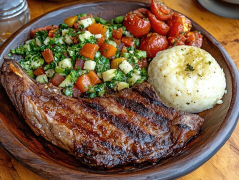 Grilled goat meat served with fresh vegetable salad, roasted tomatoes, and mashed potatoes on a wooden plate, showcasing traditional Kenyan cuisine in a rustic setting