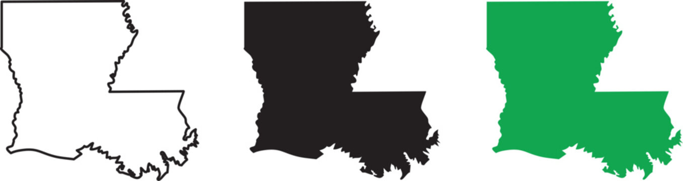 Three Louisiana state outlines in black white and green on a white background Keywords