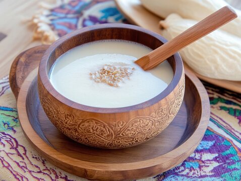 Fermented mare's milk kumis served in a traditional wooden bowl with a wooden spoon, placed on a colorful patterned textile background