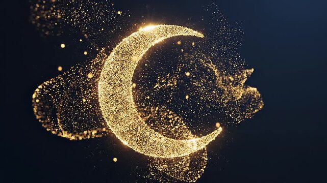 Luminous Crescent Moon: An ethereal crescent moon crafted from shimmering particles graces the night sky, radiating a sense of celestial elegance and spiritual symbolism.