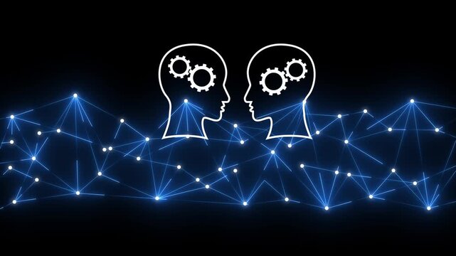 Technology for knowledge management and education. Businessperson holding network structure and head icons. Motion graphics of digital data concept