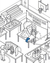Isometric line art of a school science fair coloring page. A proud girl wins with her volcano project at a STEM education event with diverse student exhibits.