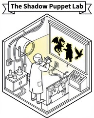 Whimsical isometric illustration of a scientist creating shadow puppet animals in a laboratory. A creative STEAM concept for coloring books, representing imagination and storytelling.