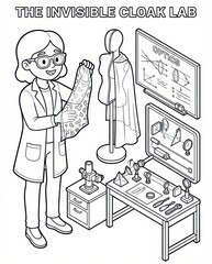 Women in STEM coloring page of a female physicist in an optics laboratory inventing an invisible cloak. Educational activity for kids about science and technology.
