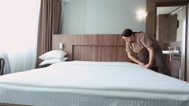 Housekeeper meticulously smoothing and tucking white striped bedsheet on hotel bed