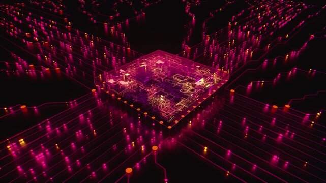 Futuristic microchip with glowing circuit lines representing high-performance computing and data processing for corporate technology videos