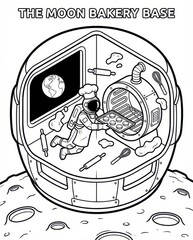 Whimsical Astronaut Chef Baking Cookies in a Zero Gravity Moon Base, a Creative Sci-Fi Coloring Page for Kids with a View of Earth.