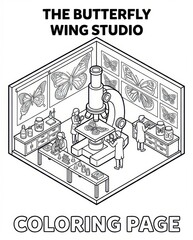 Isometric Entomology Lab Coloring Page. Detailed Line Art of Scientists Studying Butterfly Wings in a Research Studio. Educational Science Activity.