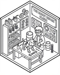 Isometric Coloring Page of a Young Engineer Repairing a Robot Dog in a Futuristic Sci-Fi Workshop. STEM Education and Robotics Clinic Line Art Illustration.