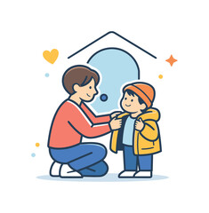 Everyday family care expressed through simple supportive action at home, a parent helping a child put on a jacket near a simple door shape