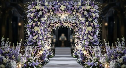 Fototapeta premium Beautiful floral wedding arch with purple and white flowers aisle ceremony