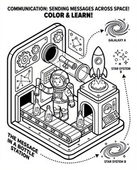Color and Learn STEM Activity Sheet: Astronaut in Space Station Sends Messages to other Galaxies. Fun Homeschooling and Classroom Coloring Page for Kids.
