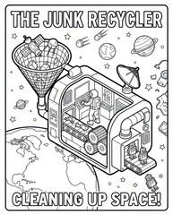 Space Junk Recycler coloring page for kids. Educational STEM activity showing an astronaut cleaning up orbital debris around Earth. Printable line art illustration.