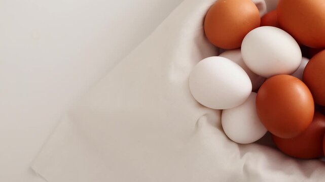 Brown and white eggs are arranged closely together on a soft surface in natural light.