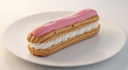 Delicious caramel eclair on white plate, perfect for dessert