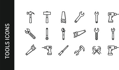 Obraz premium Set of minimalist black outline tools icons featuring hammers saws wrenches screwdrivers and electric drills for construction home repair and DIY projects