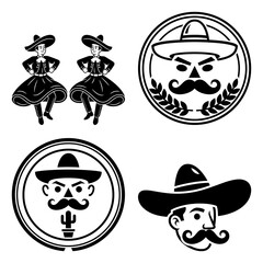Cinco de Mayo Emblem Icon Bundle with Sombrero Cactus and Tequila Elements