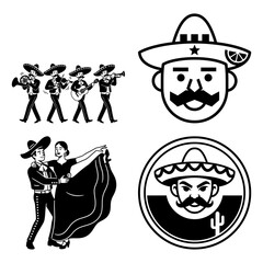 Cinco de Mayo Fiesta Icon Bundle with Marching Mariachi Dance and Cactus
