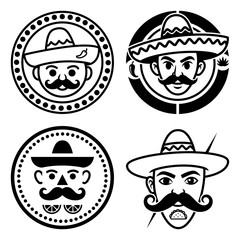 Cinco de Mayo Fun Character Icon Set with Sombrero Mustache and Fiesta Food