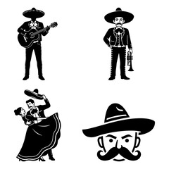 Cinco de Mayo Icon Set with Mariachi Musicians and Folk Dance