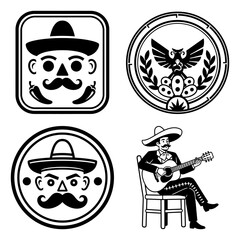 Cinco de Mayo Vintage Badge Icon Set with Mariachi and Mexican Symbols
