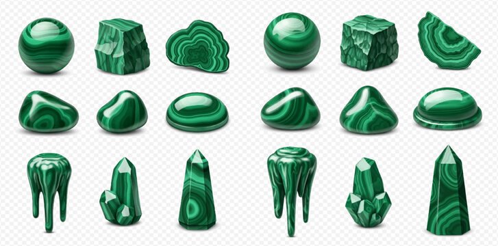 Set of malachite stones with different shapes and textures, isolated on a transparent background.
