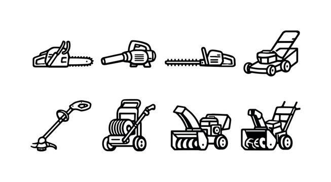 Outdoor power tools: chainsaw, leaf blower, hedge trimmer, lawn mower, string trimmer, pressure washer, wood chipper, snow blower