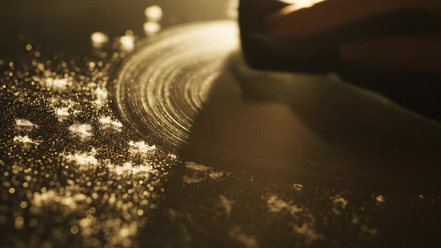 Abstract swirl golden light sugar dust kitchen surface baking concept holiday mood sparkle glow macro circle pattern golden glitter light bokeh abstract sparkle festive shimmer luxury texture bright