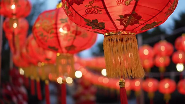 Traditional Chinese Red Lanterns - The video showcases vibrant traditional red Chinese lanterns adorned with intricate gold patterns and tassels.