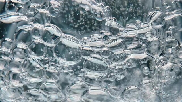 Extreme close-up of numerous transparent, shimmering bubbles and water droplets